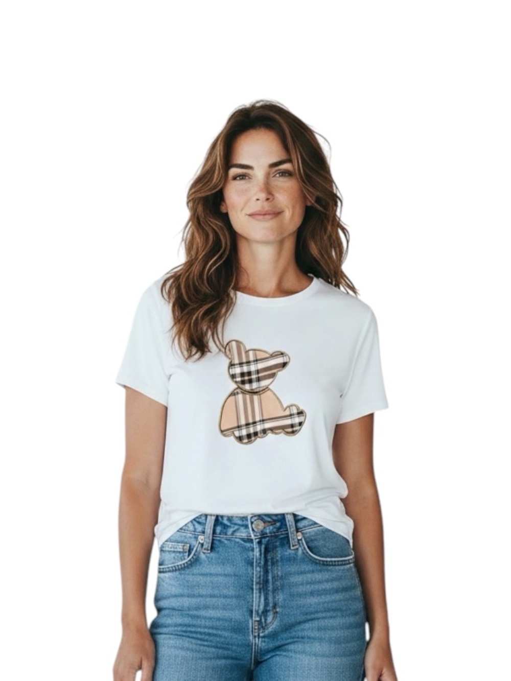 White Short-Sleeve Tee with Plaid Teddy Graphic